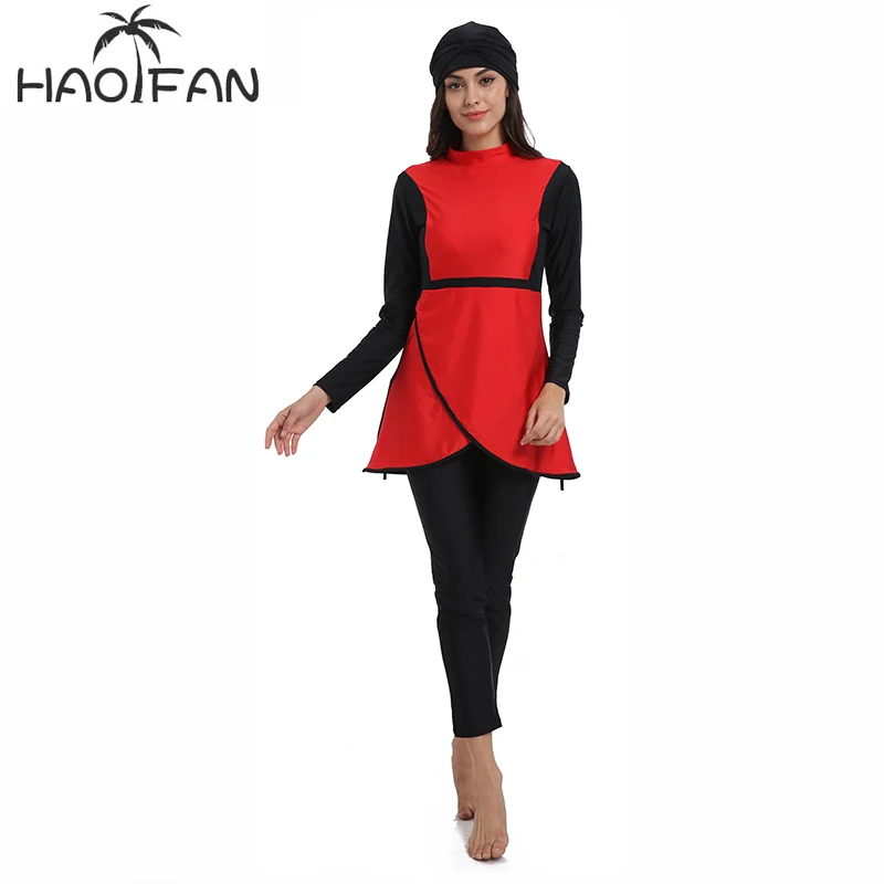 HAOFAN Muslim Swimwear Red Burkinis Islam Swimsuit Bikini Beachwear Modest Plus Size 4XL | Спорт и развлечения