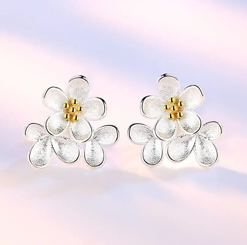 925 Sterling Silver Cherry Blossoms Flower Stud Earrings Gold Stamens For Women Jewelry S-E125 | Украшения и аксессуары