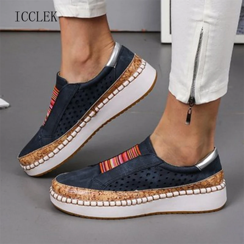 

2021 Women Slip on Sneakers Shallow Loafers Vulcanized Shoes Breathable Hollow Out Casual Ladies Shoes Woman Plus Size Dropship