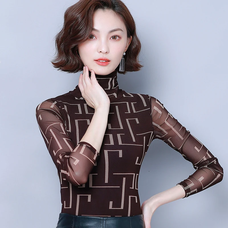 Осенняя водолазка с принтом блузка размера плюс женские рубашки длинным рукавом