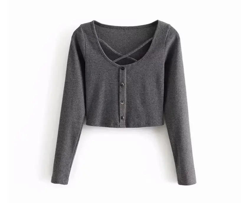 

HCBLESS 2019 autumn women chest cross exposed clavicle round neck sweater short crop top