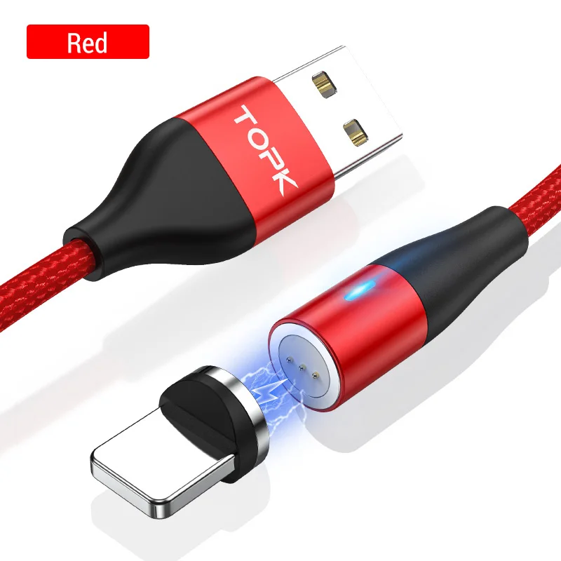Red Магнитный usb-кабель TOPK 1 м 3 А, кабель для быстрой зарядки и передачи данных для iPhone Xs Max, Магнитный зарядный кабель Micro USB type-C для samsung S10 - Цвет: Red