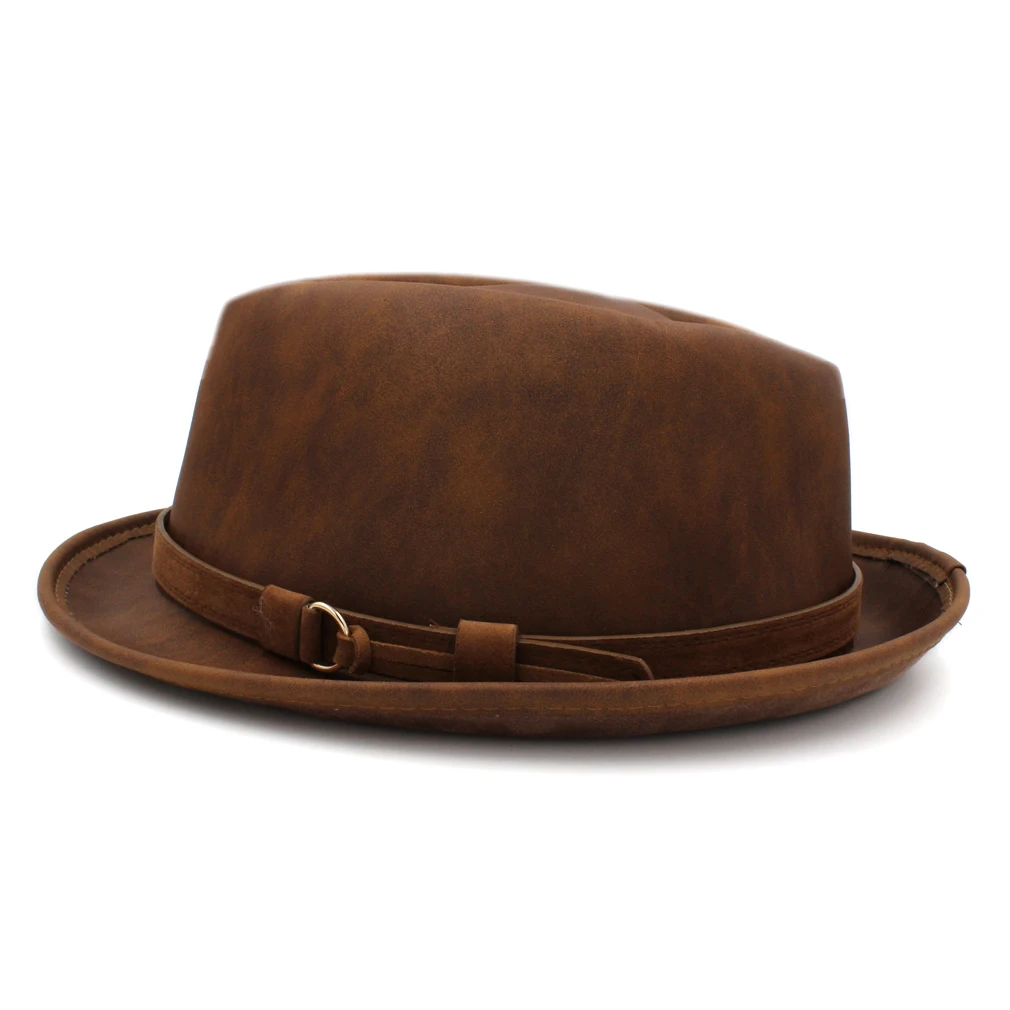 Mistdawn унисекс Porkpie свиной пирог Кепка коричневая искусственная кожа Fedora джазовая шляпа Кепка Upturn Brim