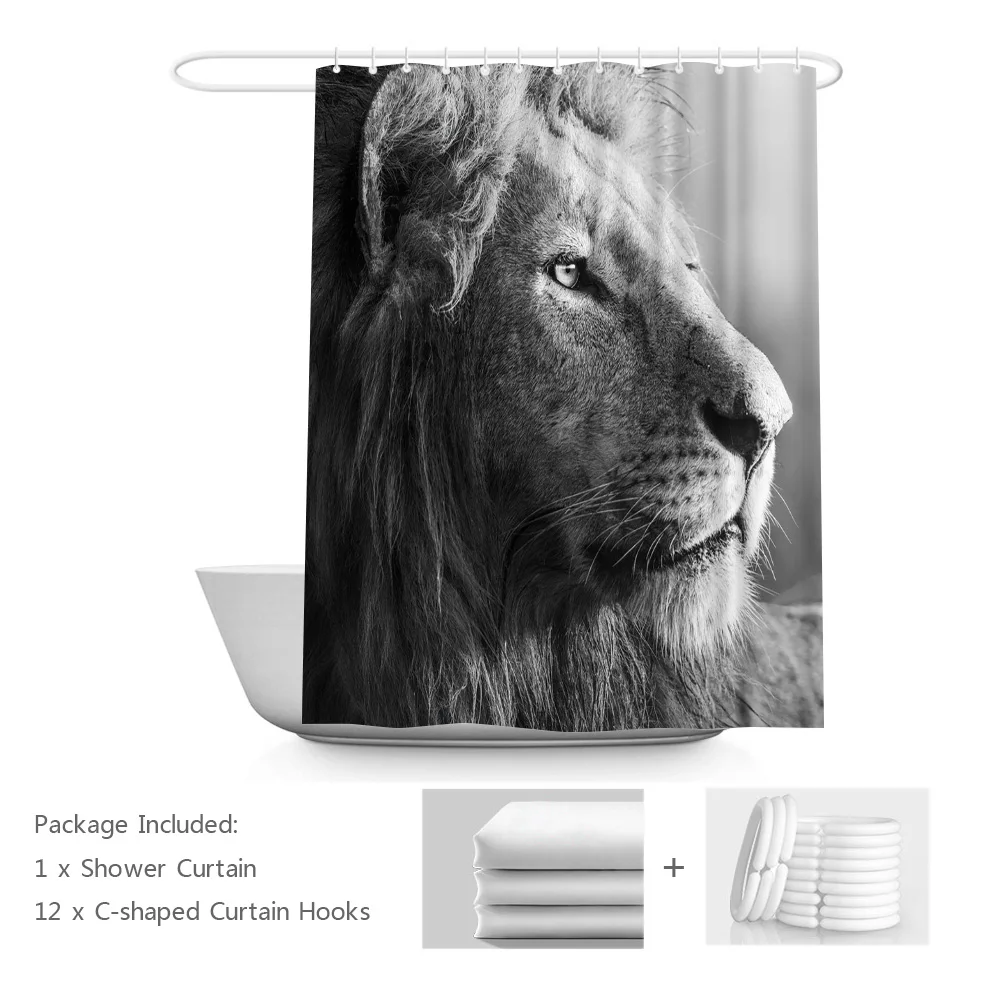 

Lion Shower Curtains Black and White Polyester Fabric Bathroom Curtain Wildlife Theme Animal Curtain for Home Bedroom Bathroom