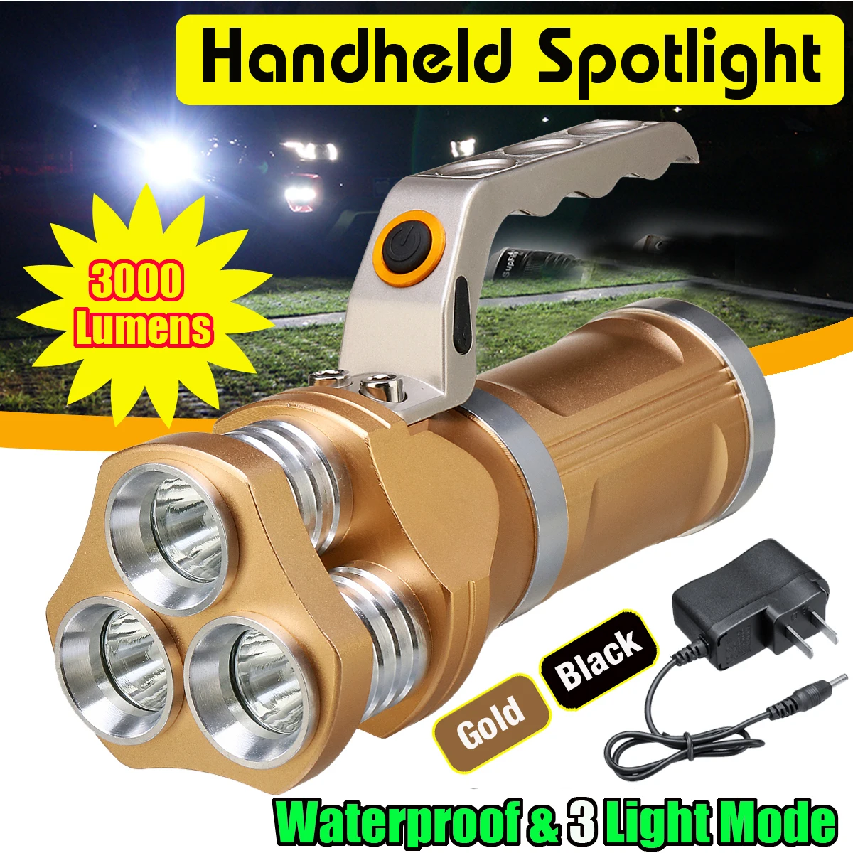 

3000LM 3x T6 Super Bright 3Modes Easy Operation 18650 LED Spotlight Flashlight Torch Light