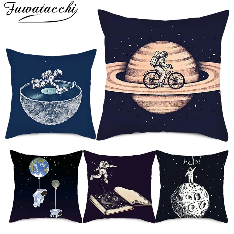

Чехол на подушку Fuwatacchi The Moon, космонавты и ракеты Чехол на подушку с принтом, наволочка для дома, дивана, стула, декоративная подушка