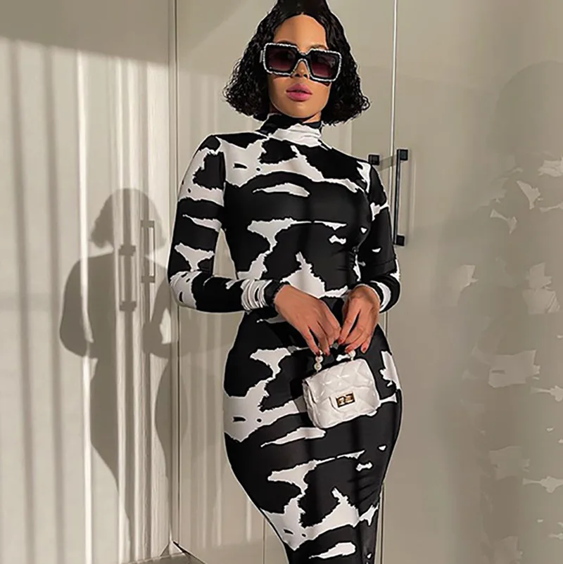 

2021 Autumn New Arrivals Women Plus Size Bodycon Dresses Chic Printing Turtleneck Full Sleeve Sexy Clubwear Ankle-length Dress
