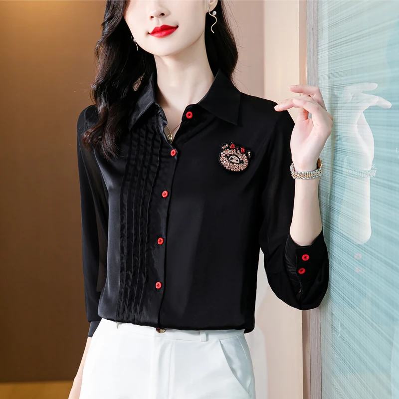 

Solid black pleated women shirt pig Hot drilling translucent long sleeve elegant female blouse red buttons loose tops Ladies