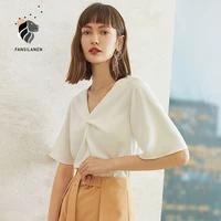 fansilanen twist elegant white chiffon blouse shirt women v neck short sleeve sexy top female summer casual streetwear shirt