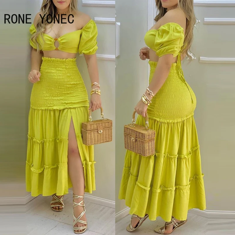 

Women Elegant Outfits O-Ring Crop Top & Frill Hem Shirred Slit Maxi Skirt Set Casual Summer Set