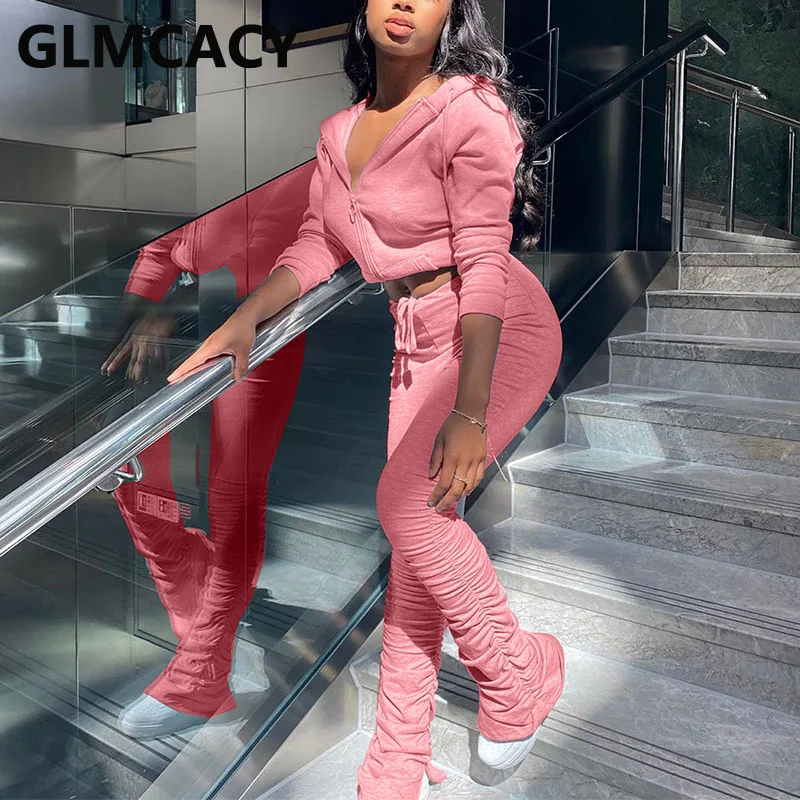 

Women Two Piece Solid Tracksuits Causal Long Sleeve Zipper Hoodies and Drawstring Pants Set