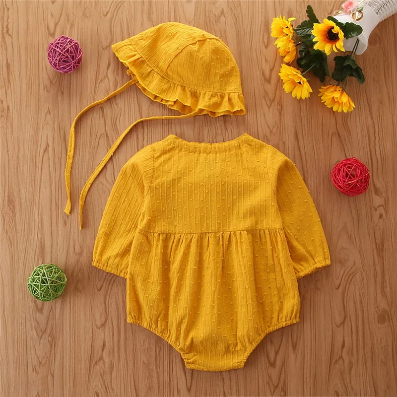 2Pcs/set Romper Cute Baby Girls Long Sleeve Pompom Hat Clothes Outfits Set Solid Print Bodysuit | Детская одежда и обувь
