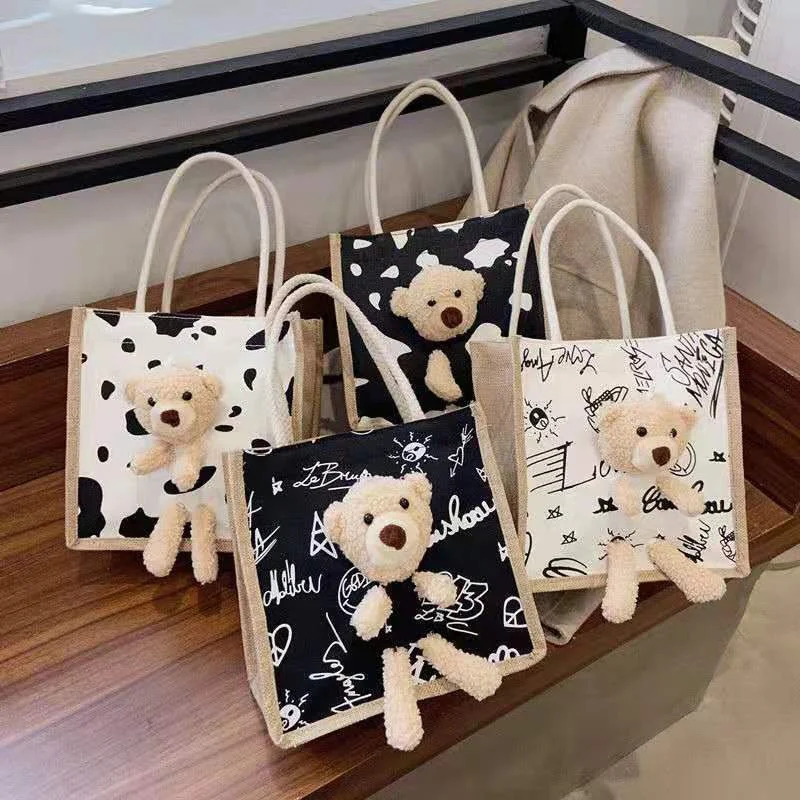 Cute Canvas Bags with Bear Doll Design Women Portable Zipper Lunch Bag Lady Storage Tote Bag Casual Handbag