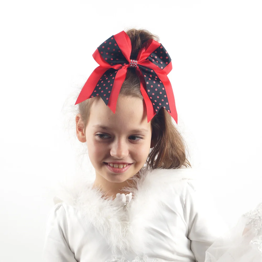 

CN 10Pcs/lot Polka Dots Cheer Bows With Elastic Hair Rubber Bands For Girls Rhinestone Double layer Hair Bows Hair Accessories