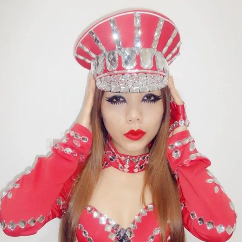 Ds Costume Bling Детские шапки блестящая Алмазная полицейская шапка стразы красная