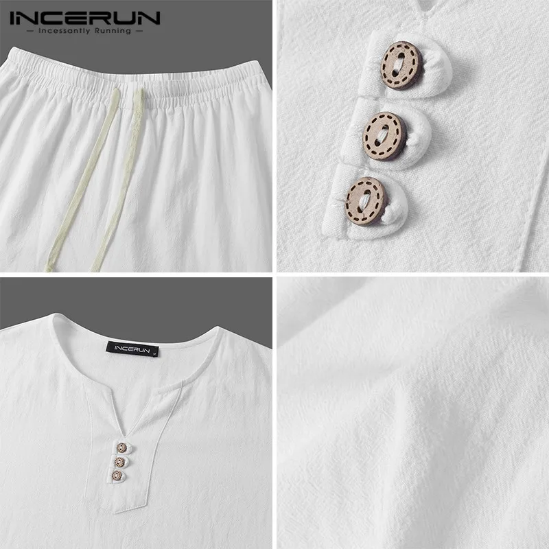 

INCERUN Chinese Style Cotton Sets Mens Solid Color Suits Long Sleeve Buttons Tops Drawstring Pants Loose Suits Men Cozy Sets 5XL