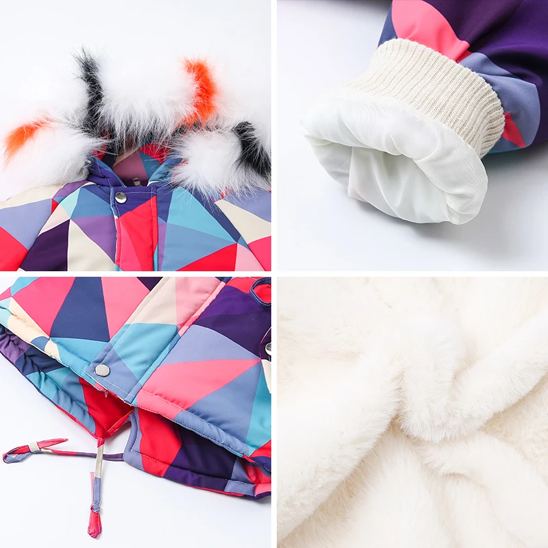 

Baby girls' winter jacket Color fur collar thick plush parka 2-9 years cotton coat Triangle pattern toddler girl winter clothes