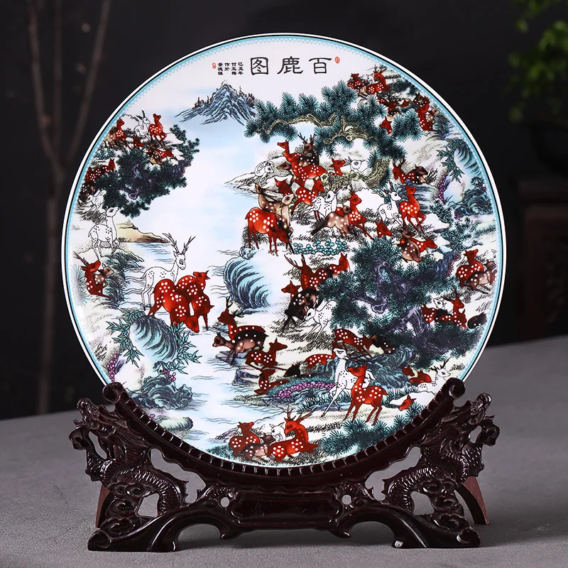 Керамическая подвесная тарелка Jingdezhen в виде оленя синяя и белая фотография для
