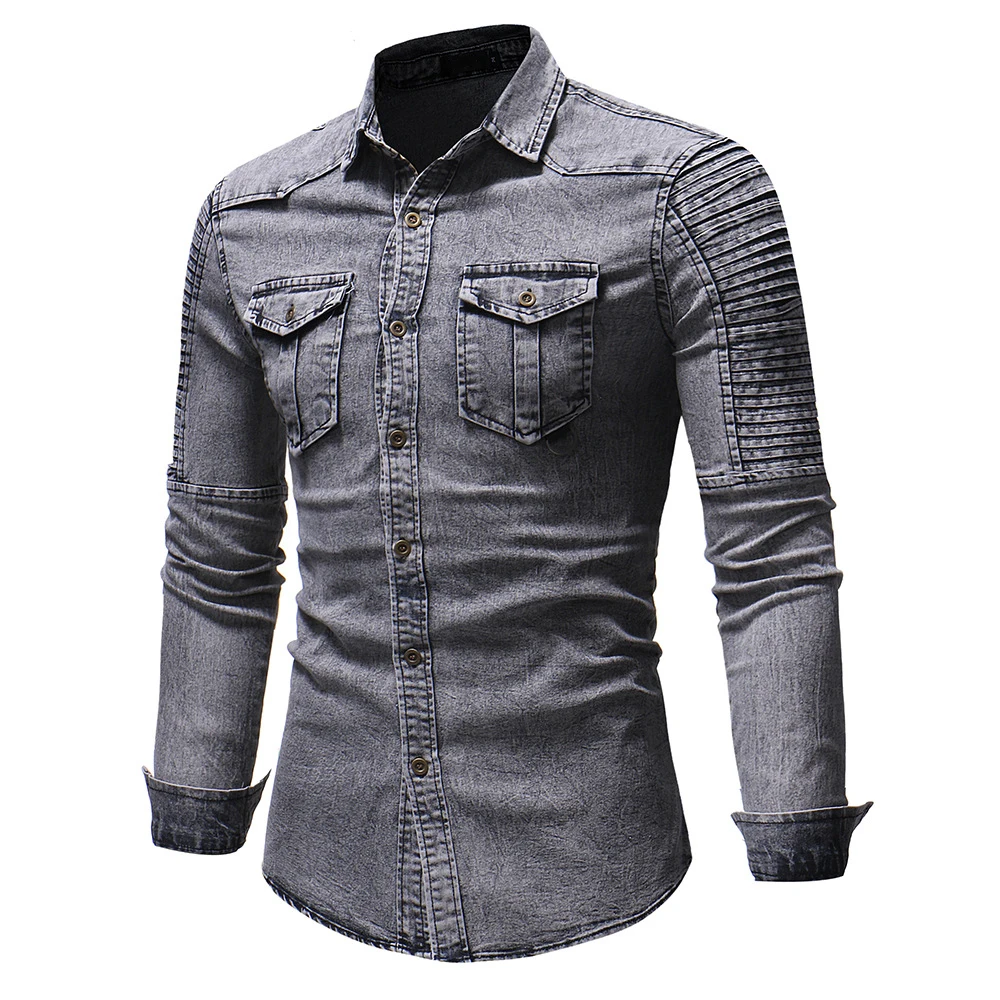 

Men's Shirts Spring Autumn Fashion Pleated Stitching Denim Shirts Men Casual Washed Motorcycle Jean Shirt Coat Male
