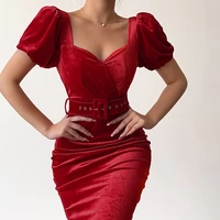 elegant party dress slim split with belt sweetheart neck red velvet puff sleeve midi pencil dress casual office ladies clothing