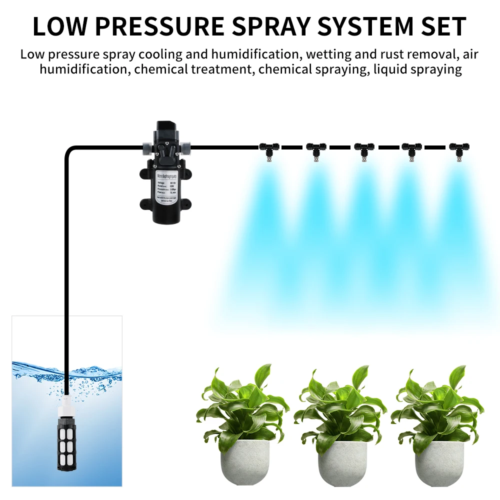 BORUiT 15m Misting Outdoor Cooling System 12V 5L/min Diaphragm Pump Garden Sprayer Sprinklers for Greenhouse Water Irrigation | Дом и сад