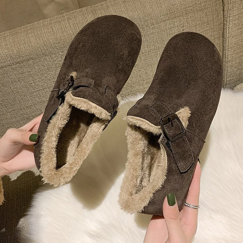 

Plush Booties Buckle Boots Women Boots Flat Shoes Winter Ladies Ankle Boots Foot Cover Keep Warm New Solid Color Bare Boots