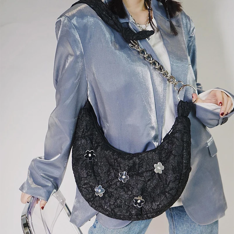 

Fashion Female Shoulder Bag Baguette Black Jacquard Floral Hobos Half Moon Handbag Women Big Capacity Shopping Bags Clutch Purse