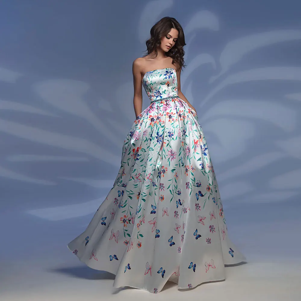 

Strapless Exquisite Intricate A-line Sweep/Brush Floor length Print Open back Evening Dresses butterfly high quality