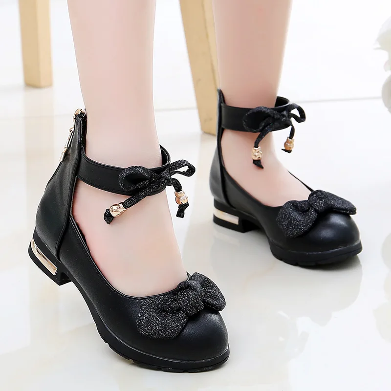 Children's Girls Shoes Leather Princess Spring and Autumn New Black Red Pink Kids High Heels Fashion Bow Little Girl |