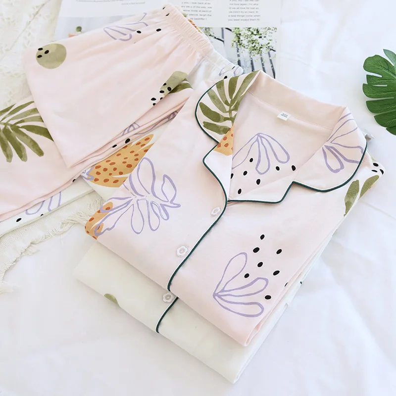 

Knitted Cotton Pajama Set Button Leisure Woman Sleepwear Suit Spring Summer Banana-Leaf Printed Nightwear Long-Sleeve Two Piece