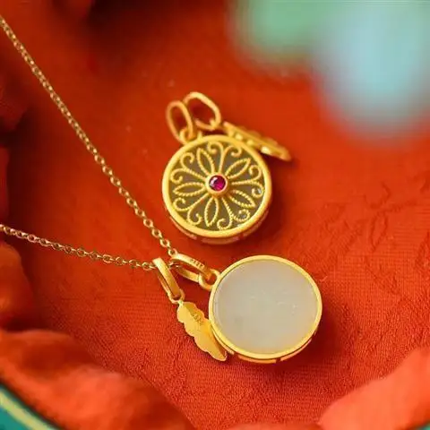 

Dreamcatcher Ancient S925 Sterling Silver Gilding Inlaid Hetian Jade round Plate Pendant Double-Sided Fashion Exotic Style Neckl