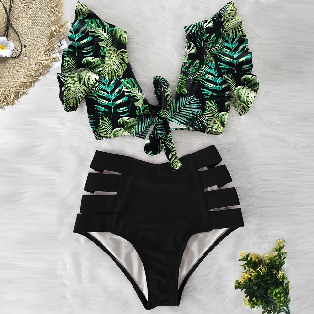Sexy Bikinis 2021 New Double Shoulder Ruffle Bikini Set High Waist Swimwear Women Swimsuit V-Neck Bathing Suit Beach Wear Swim