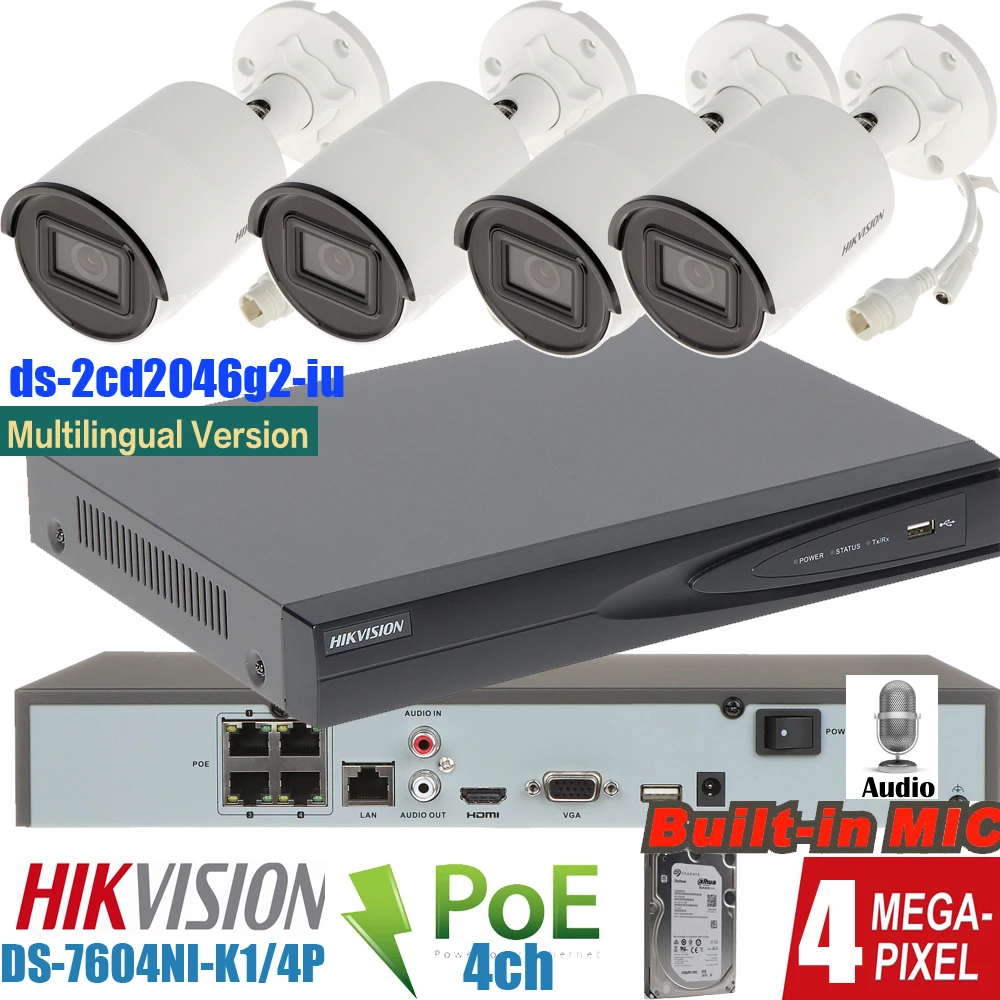 

mutil language Hikvision Surveillance kit 4MP audio Bullet Network Camera DS-2CD2046G2-IU with DS-7604NI-K1/4P 4ch POE nvr