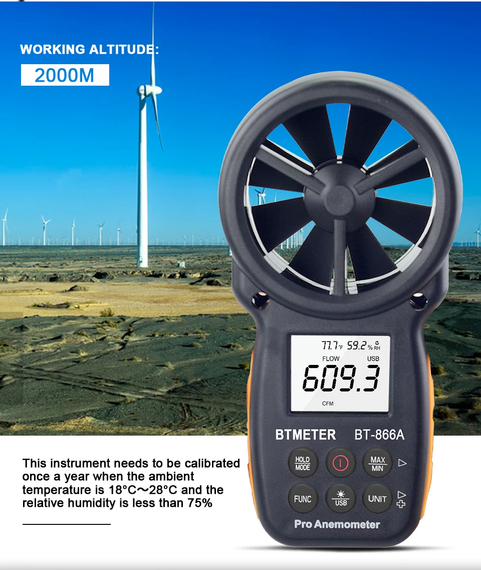 Портативный анемометр BTMETER CFM цифровой измеритель скорости ветра влажности