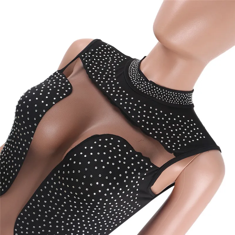 Стразы Женский Летний комбинезон без рукавов с прозрачной сеткой в стиле пэчворк
