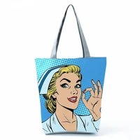 shoulder canvas tote bag cartoon printed nurse character and supplies serial pattern handbags for medical students personnel