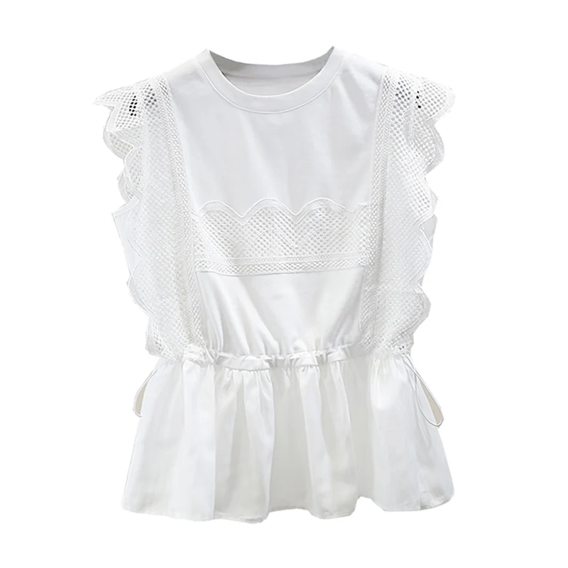 

2021 Summer New Lace Ruffled Stitching Drawstring at Hem Waist T-shirt Fashion Sleeveless Top Fashion Shirt for Women