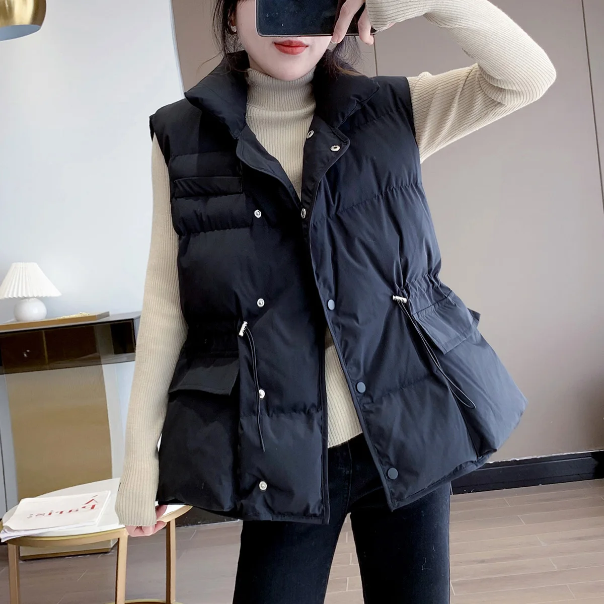 

FTLZZ Winter Solid Short Down Vest Jacket White Duck Down Warm Coat Loose Retractable Waist Sleeveless Parker Casual Outwear