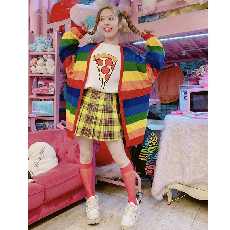 Knitted Cardigan Women 2020 Autumn &ampWinter KPOP Rainbow Striped Outwear Female Loose Casual Long Sweater Jacket Coat L0162 |