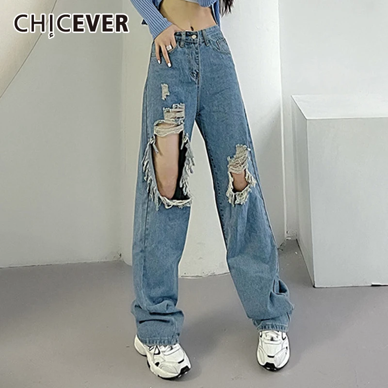 

CHICEVER пикантные Лоскутные джинсовые женские брюки с бахромой высокой талией Длинные прямые широкие женские джинсы 2021 осенний стиль