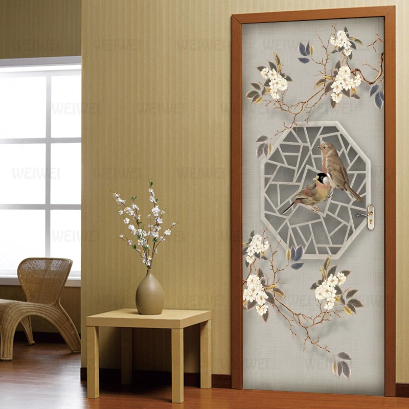 Наклейка на дверь в китайском стиле с изображением цветов птиц Настенная роспись