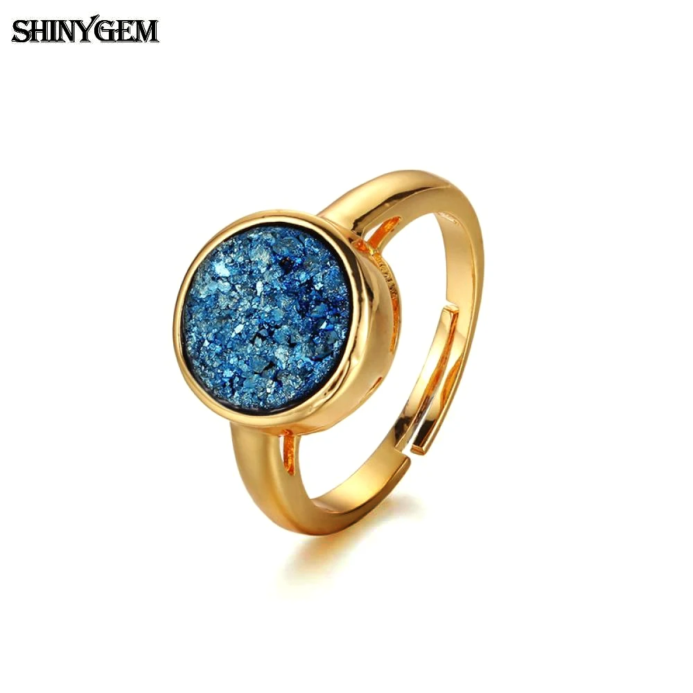 ShinyGem винтажные кольца с натуральным кристаллом Druzy круглые регулируемым золотым