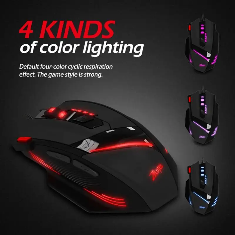 ZELOTES T-60 программируемая Проводная игровая мышь USB 7200 dpi 7 кнопок светодиодный оптическая компьютерная геймерская мышь для ноутбуков настольных ПК мыши