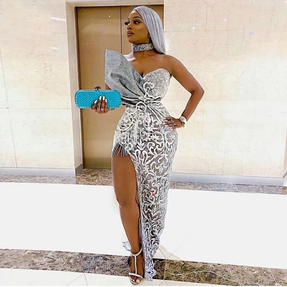 

Aso Ebi Silver Sexy Prom Dress Backless Off Shoulder Lace Prom Dresses vestidos de fiesta Bow Applique Formal Party Gowns Split