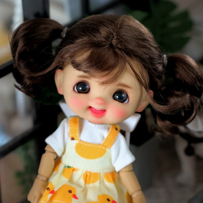 

OB11 doll black skin Smile doll Bangs ponytail curls 1/12 1/8bjd baby head includes: doll ​head + wig + clothes + body + shoe
