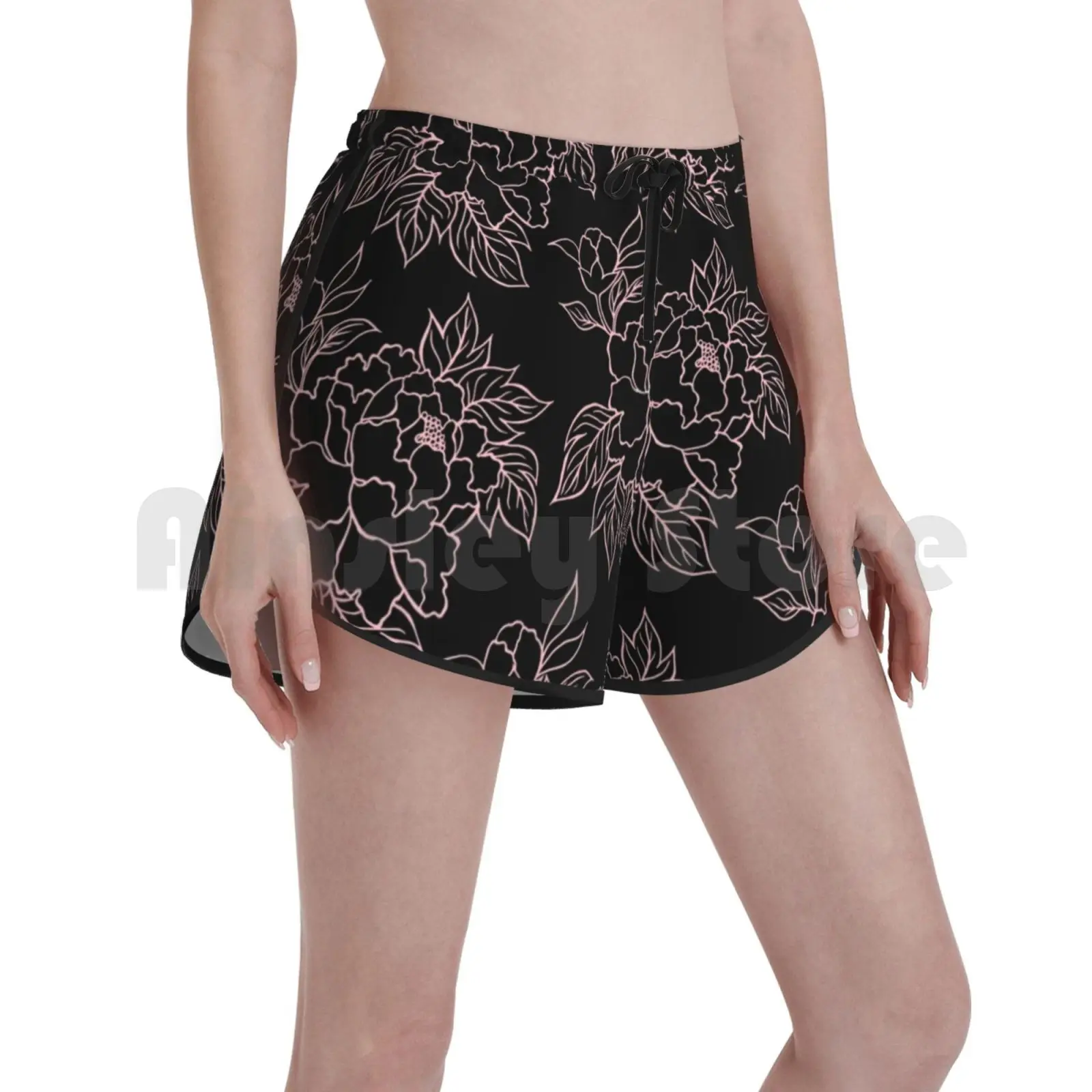 

Black Peony Swim Shorts Women Beach Shorts Peony Floral Black Summer Flowers
