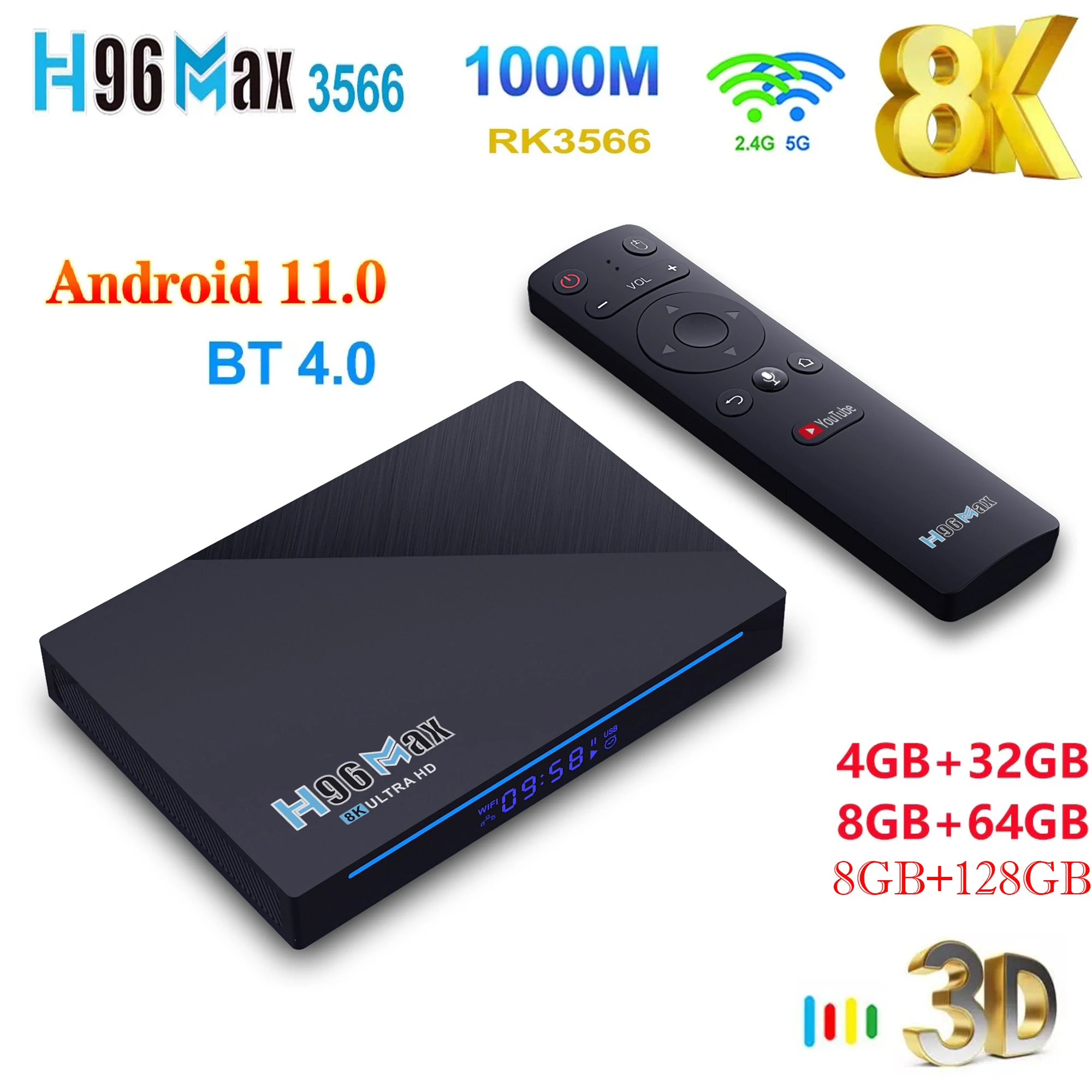 

Приставка Смарт-ТВ H96 MAX RK3566, Android 11, 8 ГБ ОЗУ, 128 ГБ, 64 ГБ, 4 Гб, 32 Гб, поддержка 1080p, 8K, 24 к/с, Google Play, Youtube, медиаплеер H96Max
