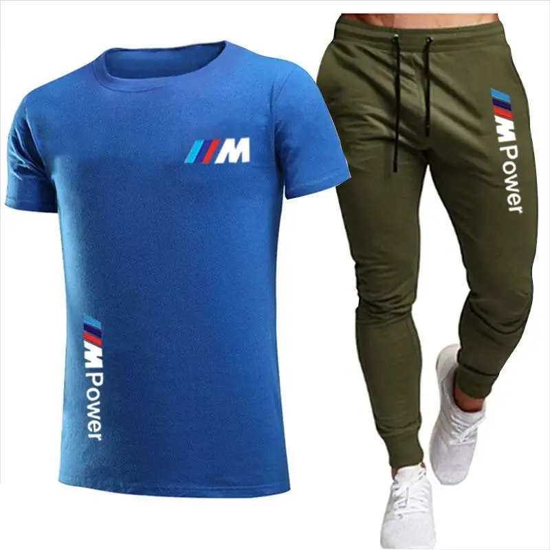 

2021BMW Fashion Casual Sportswear Summer Alphabet Print Suit Men's Jogging Fitness Suit Men's Suit T-shirt + Pants 2-Piece Set