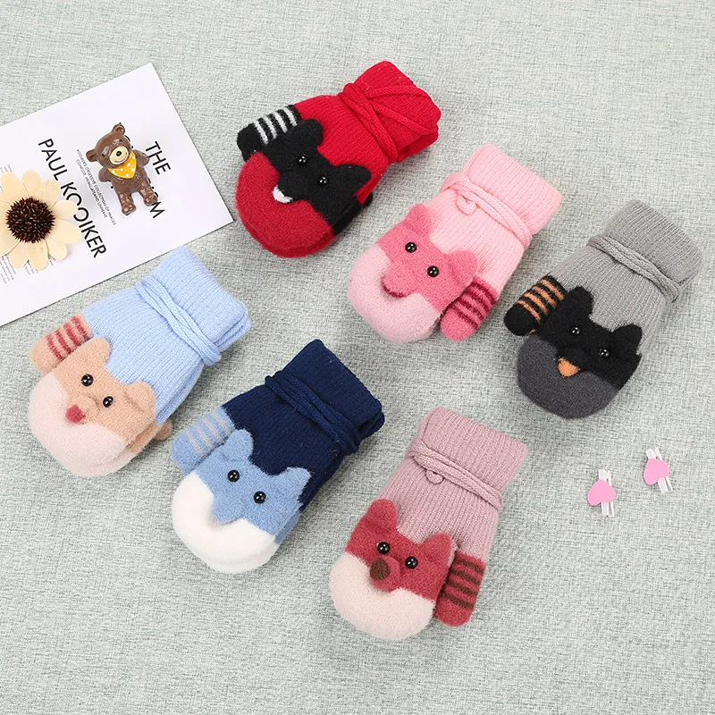 Cute Cartoon Baby Mittens Winter Warm Gloves For Kids Girl Boy Full Finger Knitted Mitten Thick Plus Velvet Rope Halter Gloves