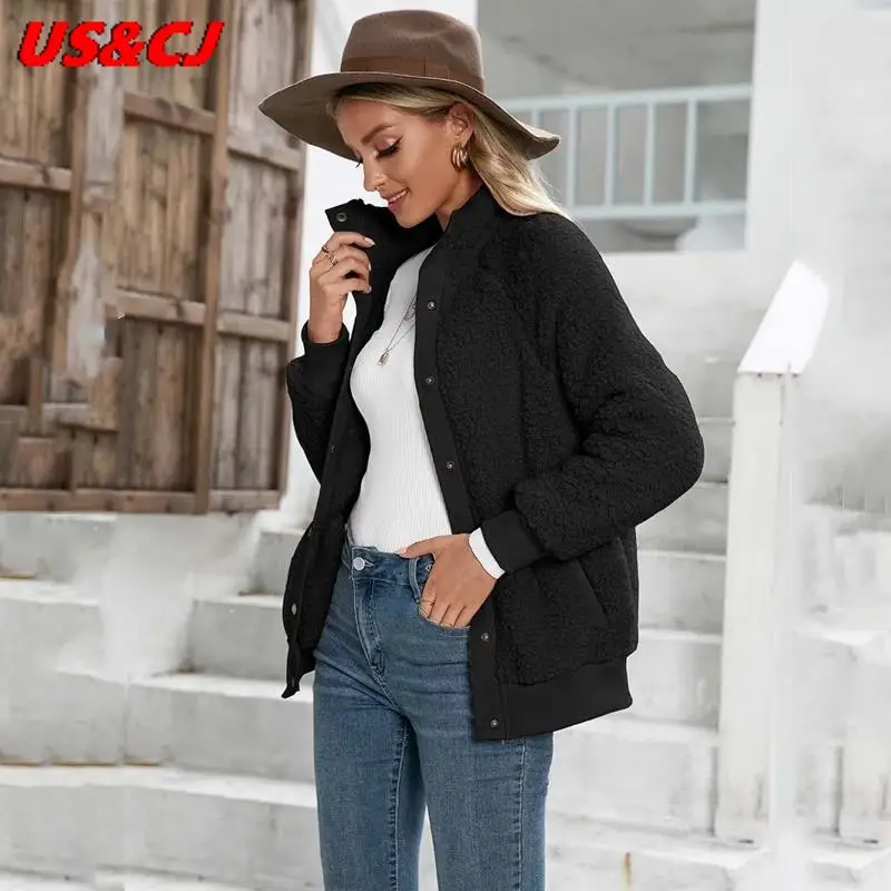 

Women Lamb Wool Cardigan 2021Winter Fleece Jacket Stand-Up Collar Long Sleeve Fashion Casual Loose Button Jacket Female Warm Top
